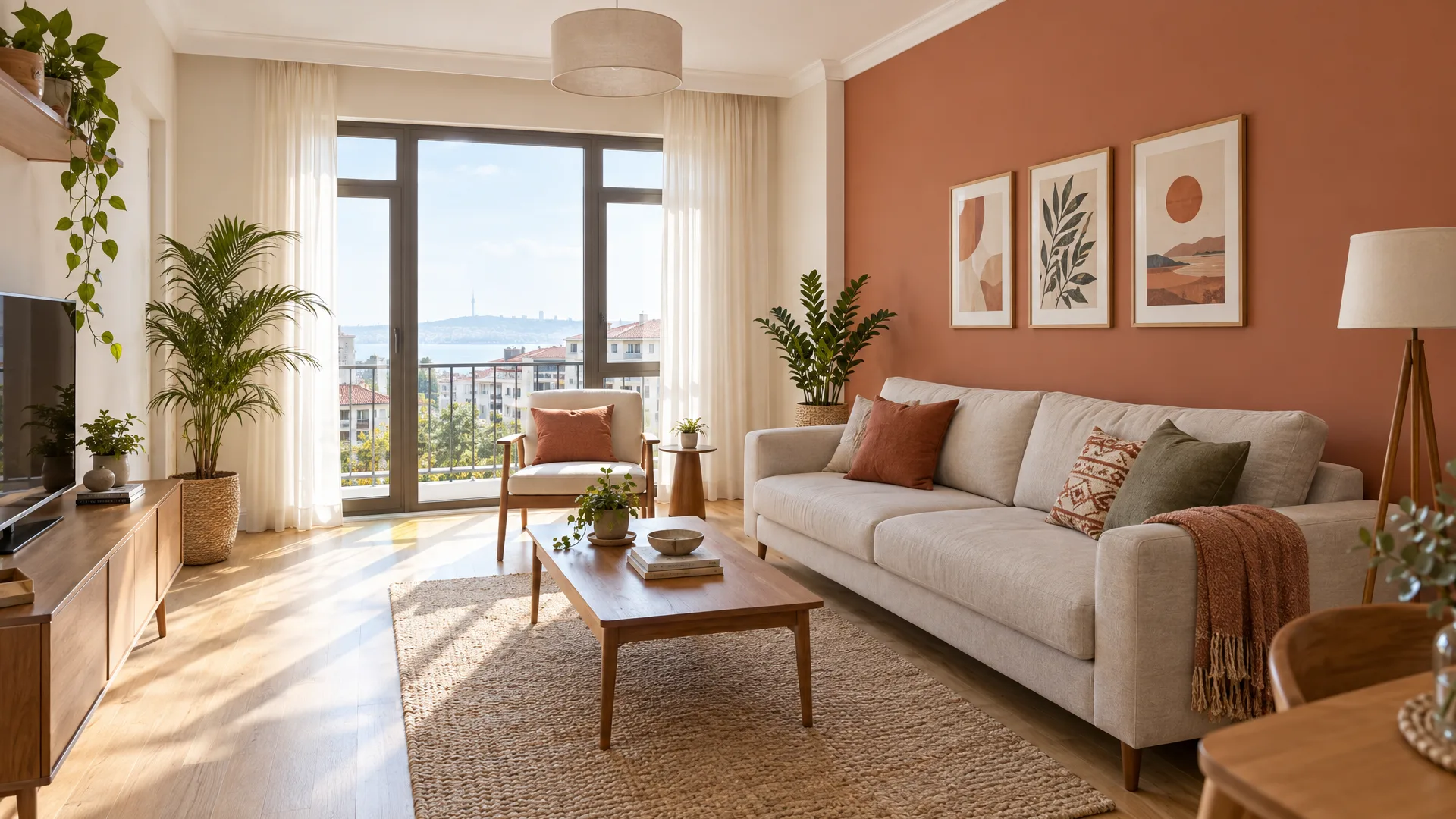 Kil rengi vurgu duvarıyla boyanmış salon