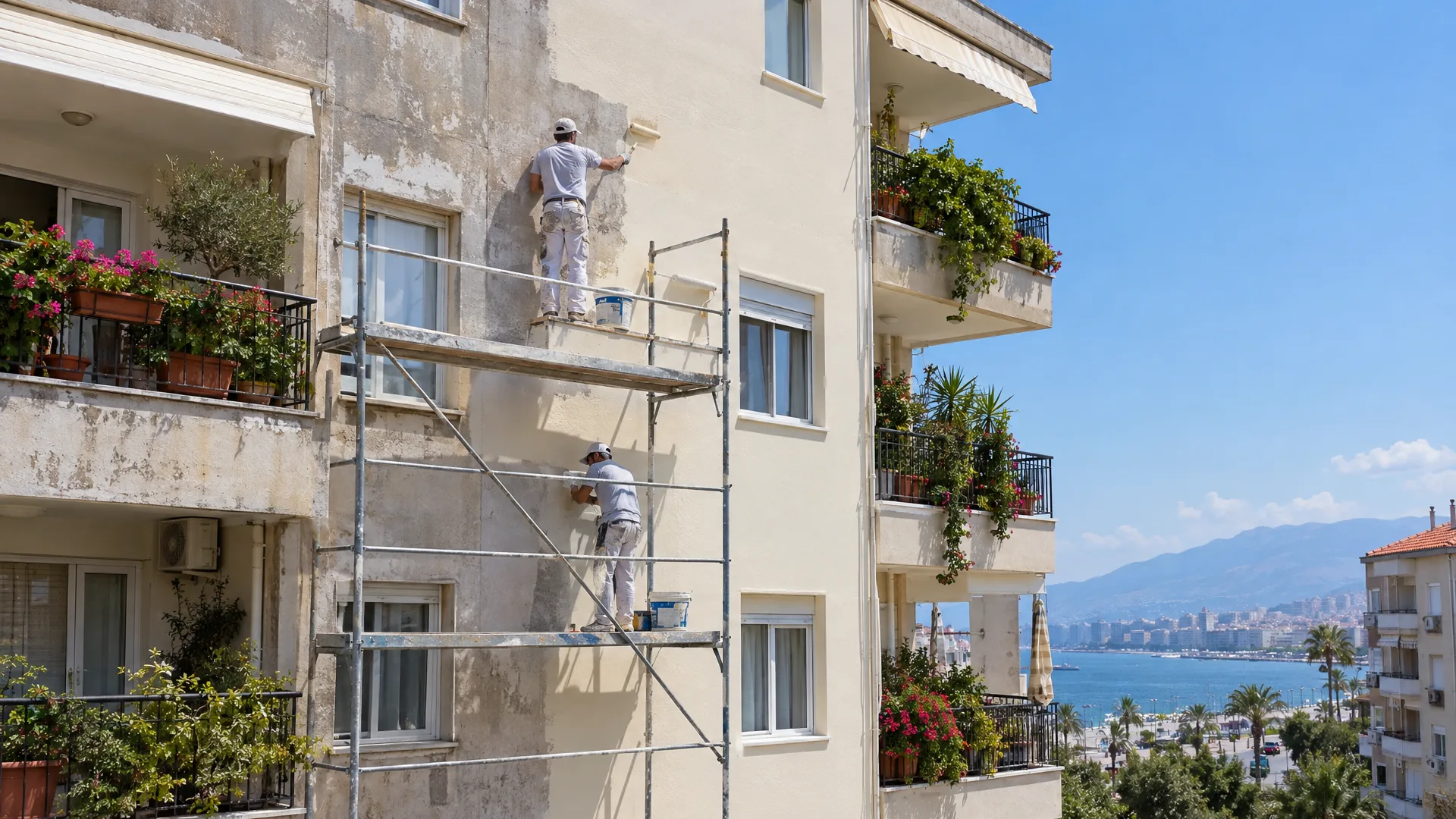 İskele üzerinde apartman dış cephesini boyayan ekip