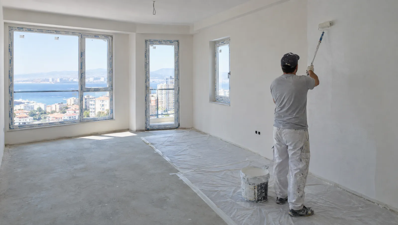Yeni yapılmış boş dairede ilk kat astar uygulaması
