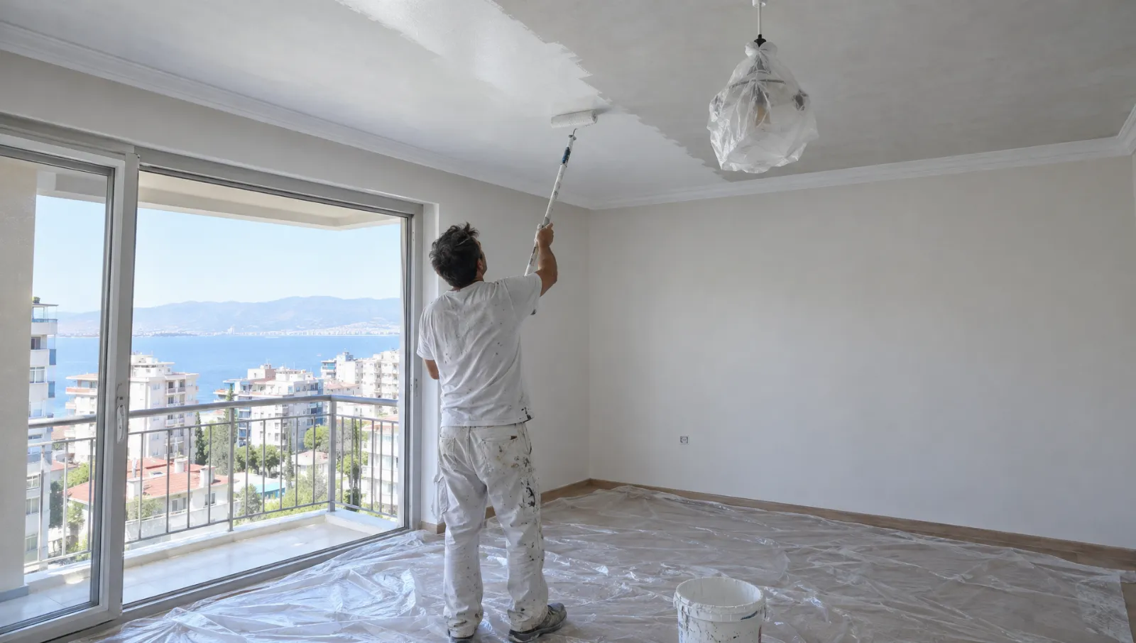 Uzatma saplı rulo ile boş odada tavan boyanıyor